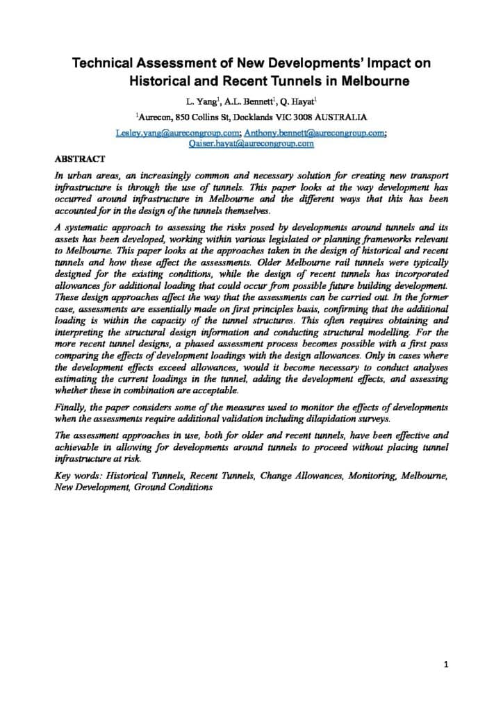 First page of Technical Assessment of New Developments' Impact on Historical and Recent Tunnels in Melbourne